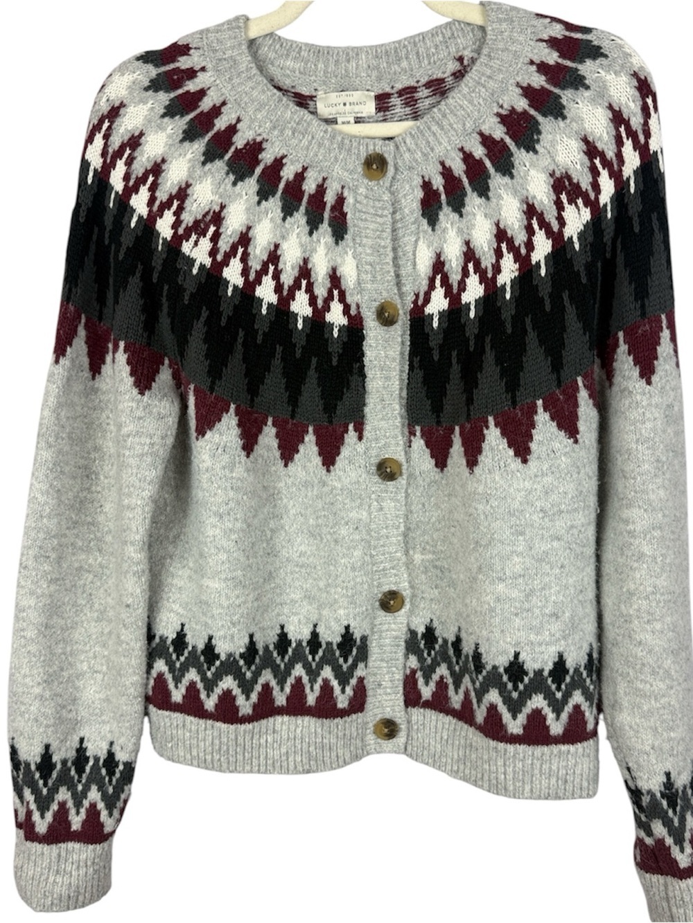 Lucky Brand Wool Blend Fair Isle Button Front Cardigan Sweater Grey Burgundy M